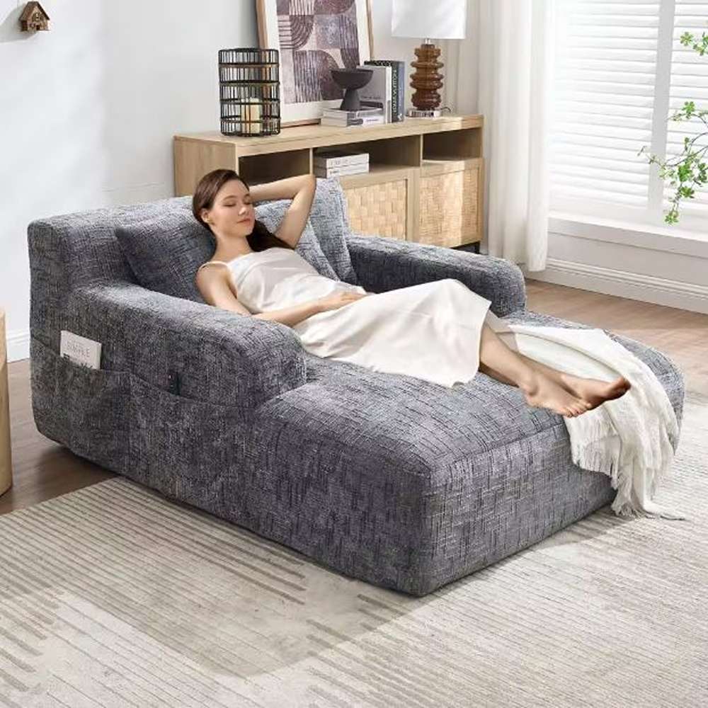 Modern Grey Chenille Upholstery Oversized Chaise Lounge Chair Full Foam Comfy Lazy Sofa Couch with 3 Throw Pillows