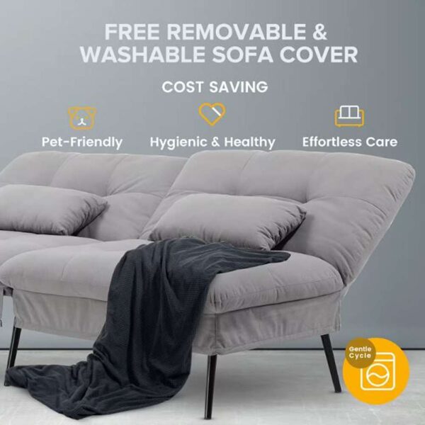 Gray Fabric Futon Couch with Adjustable Backrest Convertible Futon Sofa Bed with Metal Legs Convertible Sofa Bed