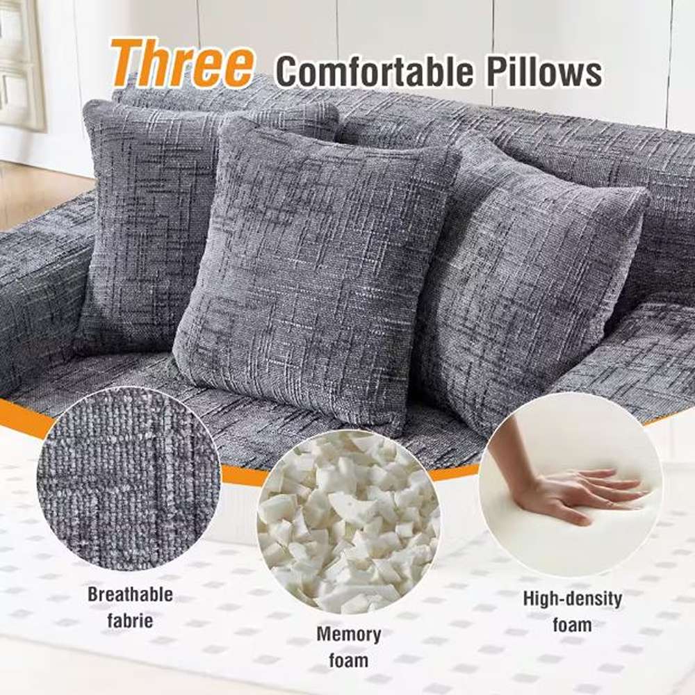 Modern Grey Chenille Upholstery Oversized Chaise Lounge Chair Full Foam Comfy Lazy Sofa Couch with 3 Throw Pillows